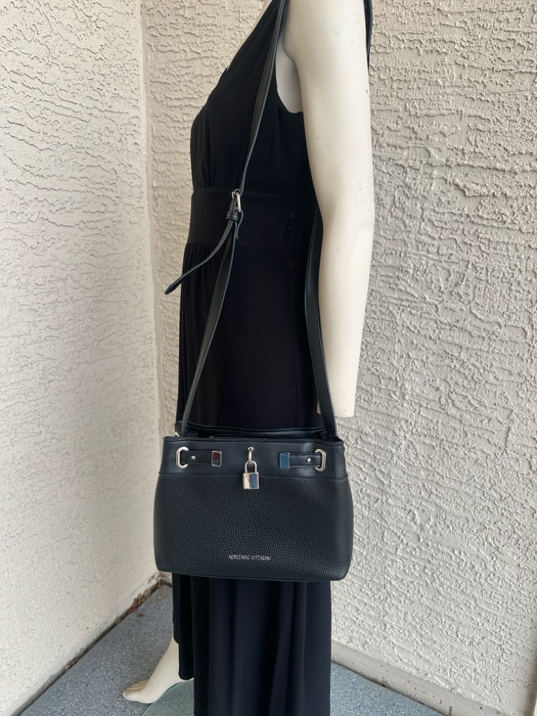 Adrienne Vittadini Black Pebbled Leather Crossbody With Silver Lock